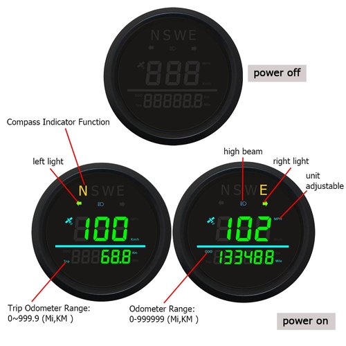 85mm Auto Digital Speedometer Odometer Tripmeter GPS Type 0-999 KM/H MPH with Turn Light High Beam 9-32VDC Waterproof for Car Motorbike Truck (Green)