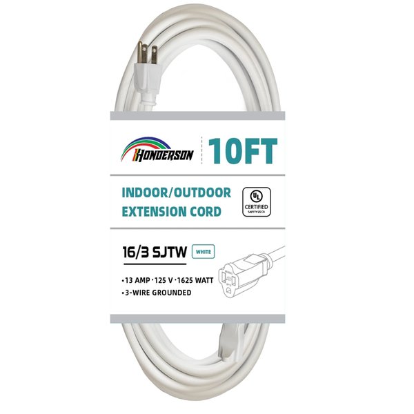 HONDERSON 10FT Outdoor Extension Cord-16/3 SJTW Durable White Extension Cable with 3 Prong Grounded Plug for Safety,Great for Outdoor Christmas Decorations