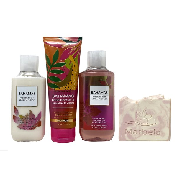 Bath & Body Works Bahamas Passionfruit & Banana Flower Gift Set - Body Cream , Body Lotion and Shower Gel with a Himalayan Salts Springs Sample Bar Soap.