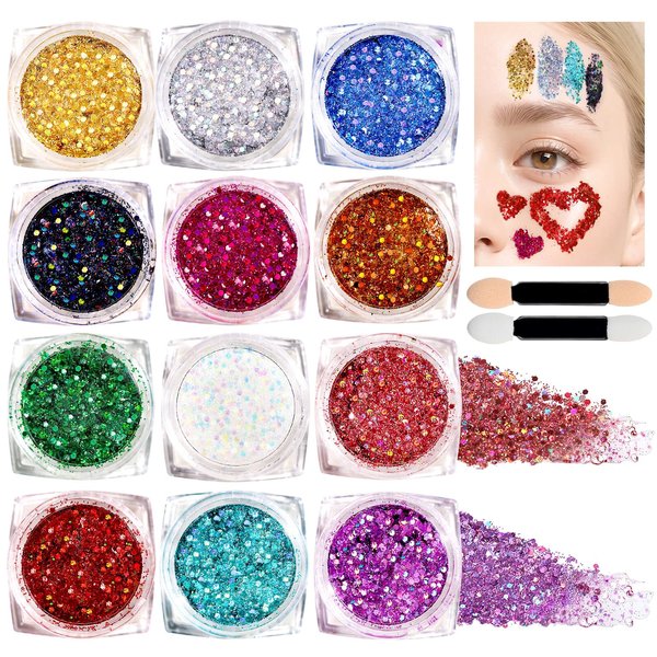 Teenitor 12 Colors Body Glitter, Face Glitter Festival Makeup Body Glitter Gel, Face and Body Glitter for Women, Hair Glitter Gel, Rave Makeup Glitter for Face, Body, Hair