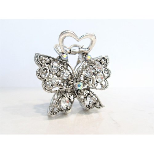 Medium sized silver metal crystal butterfly hair claw clip bridal clip