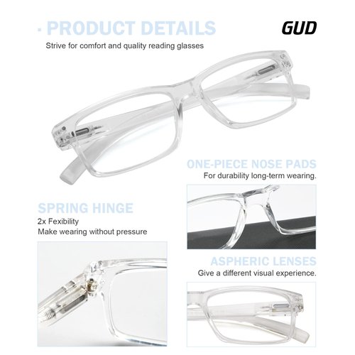 GUD Reading Glasses 5-Pack Readers Spring Hinge Reading Eyeglasses for Men Women +2.00
