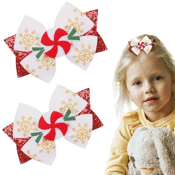 2PCS Christmas Bow Hair Clips Cute Glitter Candy Snowflake Christmas Hair Bows Alligator Hair Clips Red Sequins Hair Accessories Hair Barrette for Girls Kids Toddler Xmas Party Favor Gift