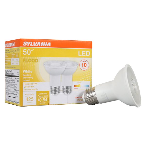 SYLVANIA LED PAR20 Flood Light Bulb, 50W = 6W, 10 Year, Non-Dimmable, 425 Lumens, 3000K, Warm White – 2 Pack (79279)
