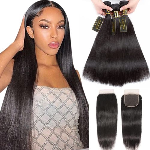 QTHAIR 12A Grade Brazilian Straight Human Hair Bundles with Closure(18" 18" 20"+16"Free Part Lace Closure,Natural Black) 100% Unprocessed Brazilian Virgin Hair Extensions for All Women