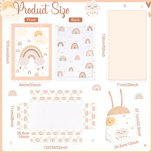 Hahafelt 4 Pieces Rainbow Boho Crib Bedding Set for Girls and Boys, Bohemian Soft Baby Bedding Set Including Crib Skirt, Comforter, Crib Sheet and Diaper Stacker for Nursery