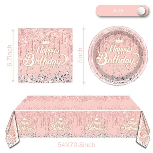 Pink Rose Gold Party Tableware set,Pink Happy Birthday Theme 20 Plates and 20 Napkins and Tablecloths 71 '' x 42 '' for Girls Women Silver Glitter Birthday Party Supplies