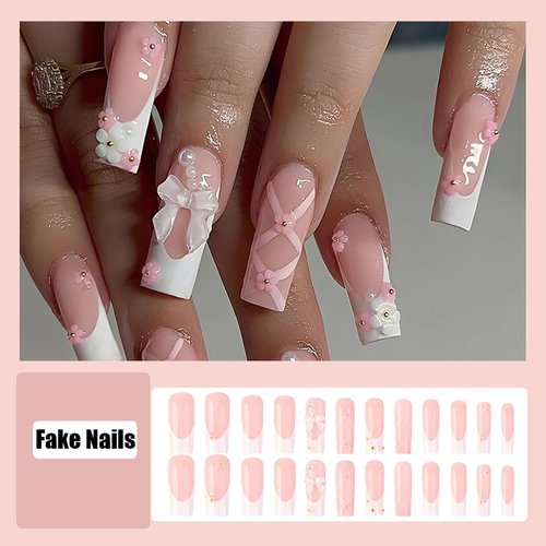 24Pcs Valentine's Day Fake Nails French Tip Press on Nails Long Square False Nails Butterfly Bow Tie Charms Design Acrylic Glue on Nails Flower Pearl Rhinestone Artificial Nail for Women Manicure Tips