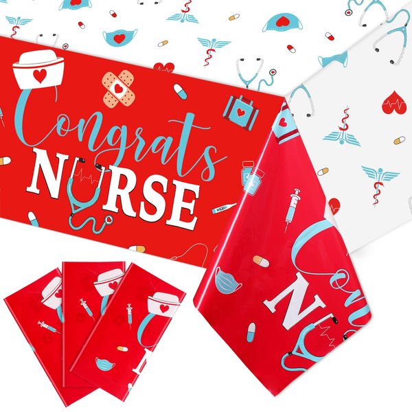 Moukeren 3 Pieces Nurse Graduation Tablecloth Nurse Graduation Party Supplies Nurse Plastic Congrats Table Covers Red White Nurse Graduation Table Cloth for Nurse Graduation Party Decor 54 x 108 Inch