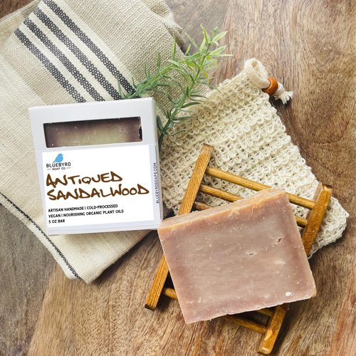 Bluebyrd Soap Co. Antiqued Sandalwood Mens Soap Bar | Creamy Rich Lather & Leaves Skin Smooth | Sandalwood Vegan Body Wash Bar - Skin Softening Organic Oils| No Parabens & Phthalates (ANTIQUE)