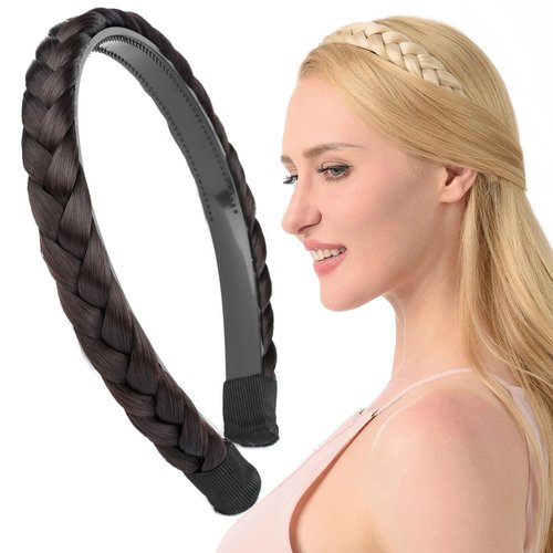 DIGUAN Headband Synthetic Hair Plaited Headband Braid Braided With Teeth Hair Band Accessories for Women Girl Width 1 Inch (Dark Brunette)