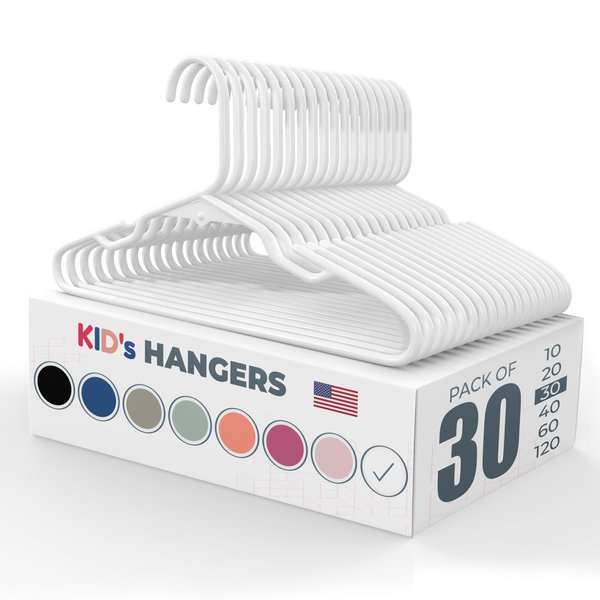 30pk Made in USA Baby Hangers | Kids Hangers for Children's Clothes, Toddler Outfits and Clothing | 20 50 100 Pack Available | Kid Plastic Hanger for Closet and Nursery | Child Kid Hangars (White)