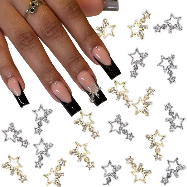 Baoximong 20 PCS Star Nail Art Charms 3D Nail Charms for Acrylic Nails Gold Silver Nail Art Supplies Shiny Gems Rhinestones Design Nail Jewels Accessories for Women Nail Decorations