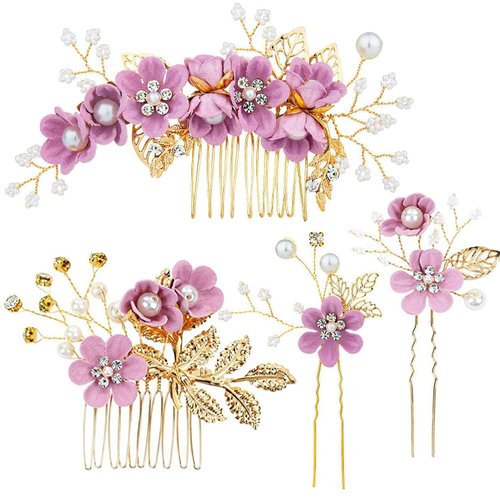 4Pcs Bridal Headpieces Hair Combs, Handmade Hair Comb Set Flower Pearl Hair Barrettes, Crystal Floral Leaf Hair Clip Hair Accessories for Women Girls Bride Bridesmaid (Type F)
