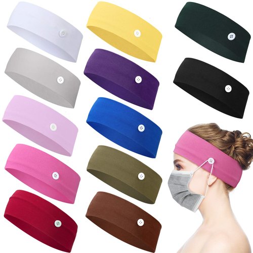 WILLBOND 12 Pcs Nurse Headbands with Buttons for Mask Non Slip Wide Nursing Headbands for Women Elastic Ear Protection Holder for Nurse's Day Sports (Classic Solid Colors, L)