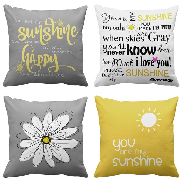 Emvency Set of 4 Throw Pillow Covers You are My Sunshine Yellow Gray with Words Decorative Pillow Cases Home Decor Square 20x20 Inches Pillowcases