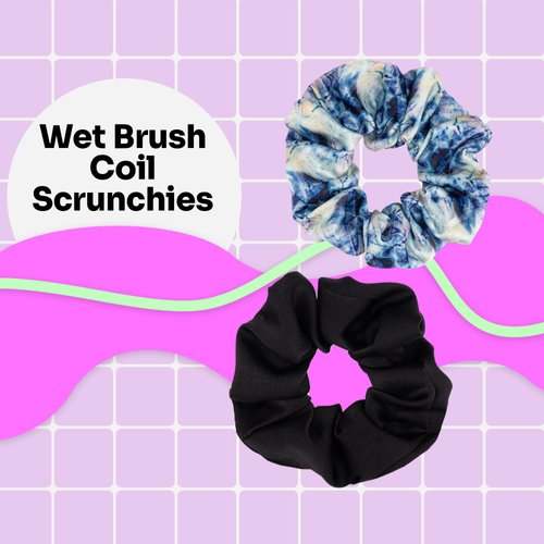 Wet Brush Coil Hair Scrunchies for Women & Girls - 2 Count, Blue Tie Dye & Black - Suitable for All Hair Types - Pain-Free Hair Accessories Perfect for Long Lasting Braids, Ponytails and More