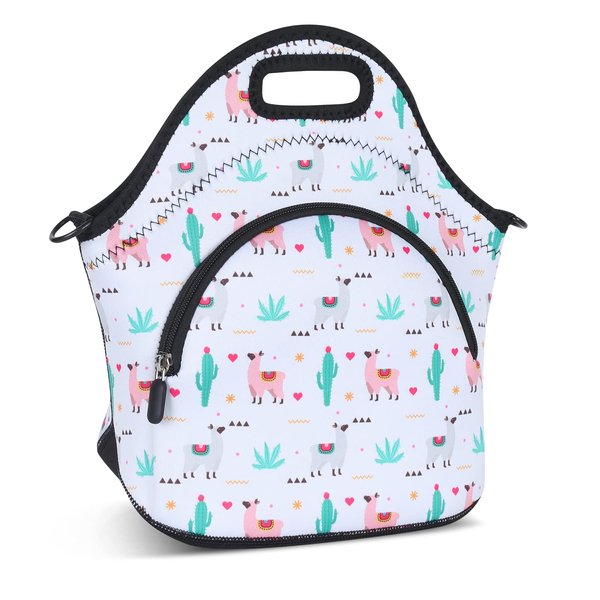 Violet Mist Neoprene Lunch Bags with Shoulder Strap Lunch Totes for Women Insulated Lunch Handbag Thermal Lunch Box Reusable Gourmet Bento Bag Pocket Zipper for Work Picnic Travel, Cactus Alpaca 2