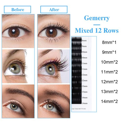 Lash Extensions 8-14 mm Mix Single Silk Classic Eyelashes GEMERRY 0.05 D Curl Individual Lashes 8mm 9mm 10mm 11mm 12mm 13mm 14mm Matte Black Classic Eyelash Extensions Supplies (0.05-D, 8-14mm Mix)