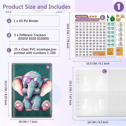 100 Envelopes Money Saving Challenge Binder, A5 Budget Binder with 25 pcs Cash Envelopes, 3 pcs Reusable Laminated Trackers Saving, Money Organizer，Cute Elephant
