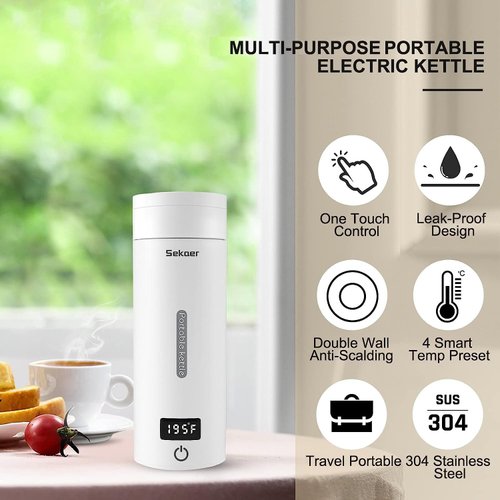 Sekaer Portable Electric Tea Kettle Travel Small Mini Coffee Kettle, with 4 Variable Presets, Personal Hot Water Boiler 304 Stainless Steel with Auto Shut-Off & Boil Dry Protection, SY-618A