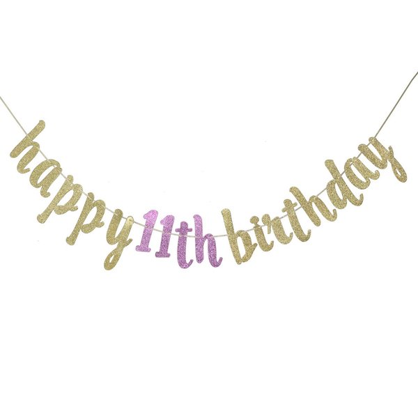 Happy 11th Birthday Banner for 11th Birthday Party Decorations (Gold & Pink)