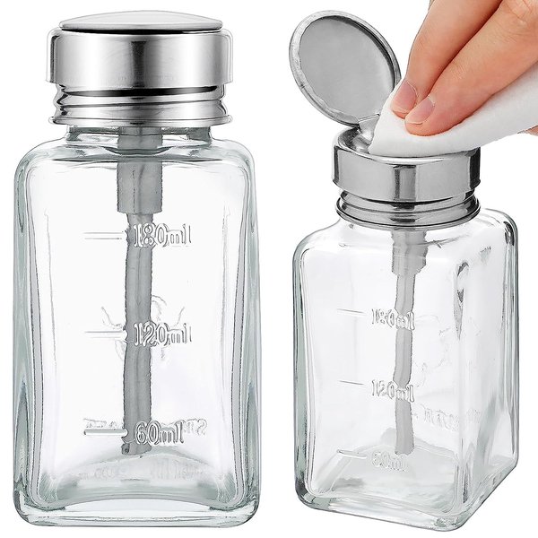 2 Pcs 6 Oz/ 180 ml Clear Pump Dispenser Bottle with Metal Flip Cover Glass Nail Polish Remover Push Down Dispenser Bottle Refillable Push Down Pump Dispenser Press Container for Makeup Remover