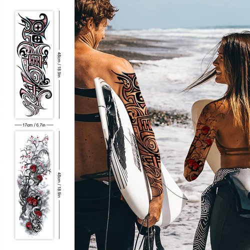 18 Sheets Temporary Tattoos, CAYUDEN Waterproof Black & Colorful 10 Sheet Full Arm Tattoo Stickers + 8 Sheet Half Arm Fake Tattoos Temporary Tattoos Sleeves Men Woman with Wolves Rose Gun Tattoo Kit