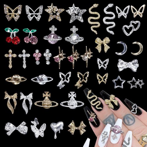105Pcs Silver+Gold Nail Gems Charms, Bow Moon Snake Planet Butterfly Heart Pink Cherry Nail Charms 3D Nail Art Jewelry Alloy Rhinestones Gems+Charms for Nail Art DIY Jewel Accessories
