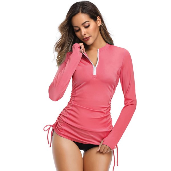 HISKYWIN Women's Long Sleeve UV Sun Protection Rash Guard Side Adjustable Wetsuit Swimsuit Top HF805-Pink-L