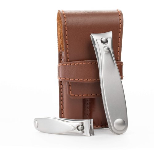 GERMANIKURE Nail Clippers Set in Brown Leather Case – Ethically Made in Solingen Germany, FINOX Stainless Steel Tools – Professional Quality Manicure & Pedicure Kit