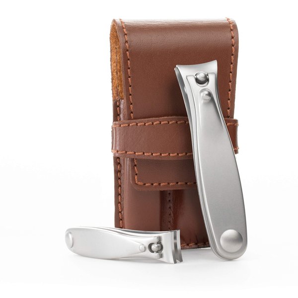 GERMANIKURE Nail Clippers Set in Brown Leather Case – Ethically Made in Solingen Germany, FINOX Stainless Steel Tools – Professional Quality Manicure & Pedicure Kit