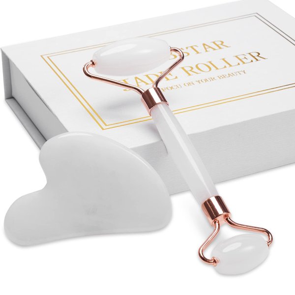 XYZBSTAR Jade Roller for Face, Facial Roller Massager Skin Care Tool, Gua Sha Facial Tools for Face, Neck, Eyes, Reduce Puffiness of The Skin - White
