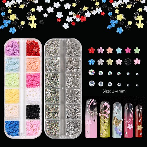 SUTOKAKA 3D Flower Nail Charms Rhinestone Gems Kit Assorted Acrylic Floral Nail Art Charm Crystal AB Flatback Rhinestones with Glue Gel for Manicure Design Face Eyes Makeup Jewelry Crafting