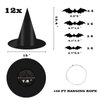 12 PCS Black Witch Hat with Hanging Rope, 16 PCS 3D Bats Stickers for Halloween Indoor Outdoor Yard Decor Party Decorations, Wizard Costume for Women Girls Kids