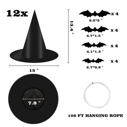 12 PCS Black Witch Hat with Hanging Rope, 16 PCS 3D Bats Stickers for Halloween Indoor Outdoor Yard Decor Party Decorations, Wizard Costume for Women Girls Kids