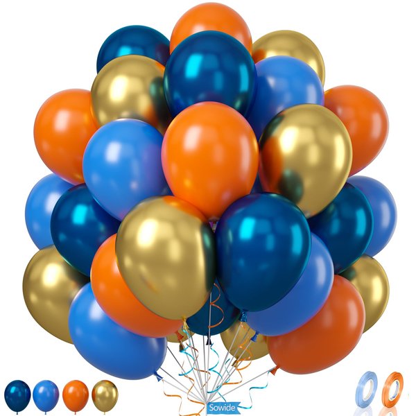Blue and Orange Balloon, 60 Pcs 12 Inches Navy Blue Metallic Gold Balloons for Kids Cartoon Anime Party Decorations Birthday Balloons Baby Shower Engagement Party Supplies