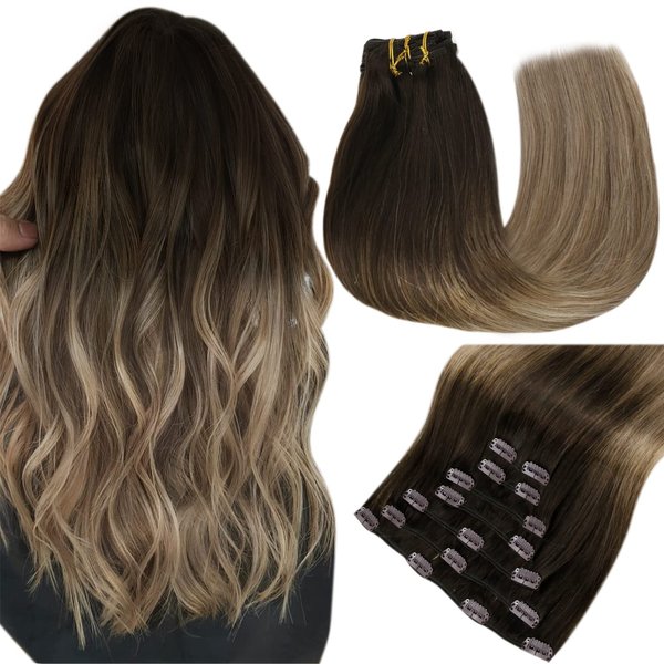 Easyouth Clip in Hair Extensions Ombre Brown Fading to Medium Brown with Ash Blonde Balayage Clip in Remy Double Weft Clip Hair Extensions Full Head 22 Inch 120g/7pcs