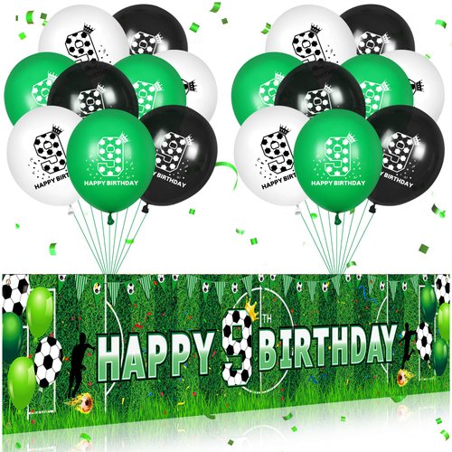 RUMIA Soccer 9th Birthday Party Decorations Soccer Happy 9th Birthday Yard Banner and 18PCS Sport Themed 9th Birthday Balloons for Boys Kids Soccer Football 9th Birthday Anniversary Party Supplies