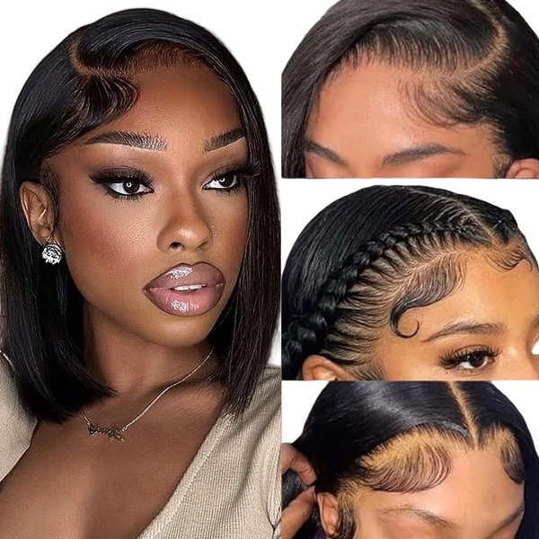shangyinfa Bob Wig Human Hair Glueless Bob Wigs Human Hair Pre Plucked Pre Cut with Baby Hair Transparent Straight 13x4 Lace Front Bob Wigs Human Hair 180% Density Natural Black Color 12 Inch