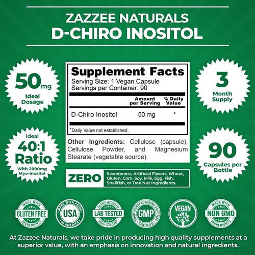 Zazzee D-Chiro-Inositol, 50 mg per Capsule, 90 Vegan Capsules, Ideal Dosage for 40:1 Ratio with Myo-Inositol, 3 Month Supply, 100% Vegetarian, Non-GMO