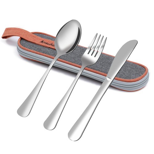 Ansukow 4-Piece Travel Utensils With Case, 18/8 Stainless Steel Reusable Camping Silverware Set for Lunch Box, Dorm, Work, School, Picnic
