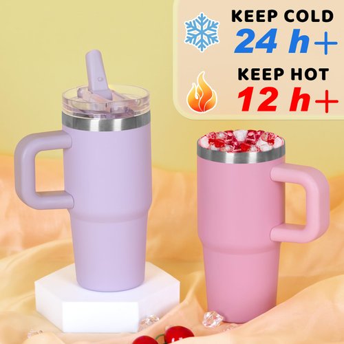 14 oz Tumbler for kids with Detachable Flip Straw Lid and handle, 100% Leak Proof 14 oz mini cup, Stainless Steel Vacuum Insulated Tumbler, Wide Mouth Easy to Clean, Keep Cold or Hot (Pink)