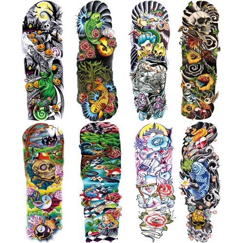 Colorful Sleeve Tattoos Stickers, Full Arm Temporary Tattoos Sleeves, Fake Watercolor Body Art Arm Tattoo for Kids Women Makeup, 8-Sheet