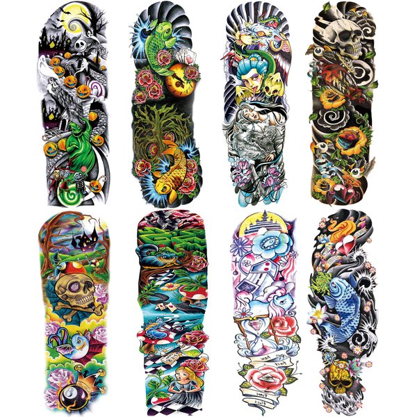 Colorful Sleeve Tattoos Stickers, Full Arm Temporary Tattoos Sleeves, Fake Watercolor Body Art Arm Tattoo for Kids Women Makeup, 8-Sheet