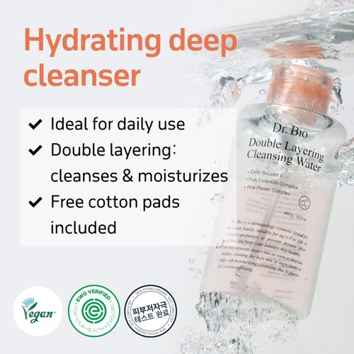 Dr. Bio Double Layering Cleansing Water (16.9oz/480ml) | Face Cleanser and Makeup Remover, Micellar Cleansing Water for Sensitive Skin, Probiotic Soothing and Hydration, Korean Skin Care, Vegan