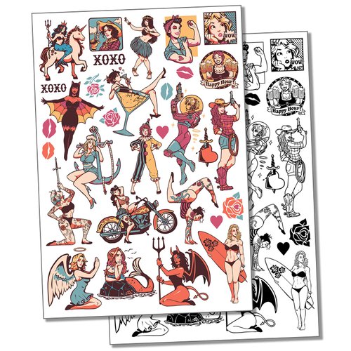 Pin-Up Woman Ladies Temporary Tattoo Water Resistant Fake Body Art Set Collection - Black (One Sheet)