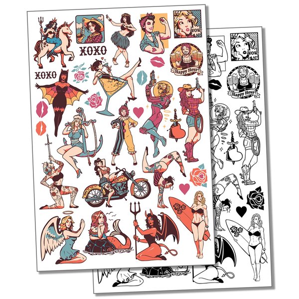 Pin-Up Woman Ladies Temporary Tattoo Water Resistant Fake Body Art Set Collection - Black (One Sheet)