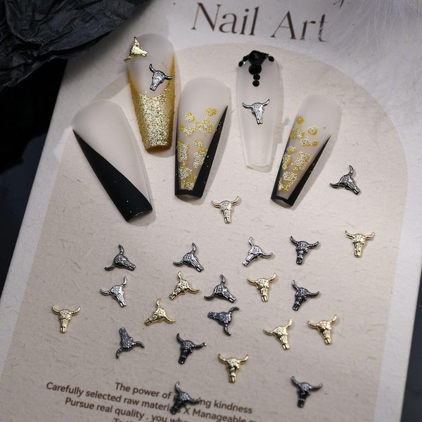 30pcs Bull Head Nail Charms Halloween Retro Alloy Nail Art Accessories Gold&Silver&Gun Black Metal Nail Art Charms Solid Bull Head Nail Art Decorations for Acrylic Nails Halloween Decor