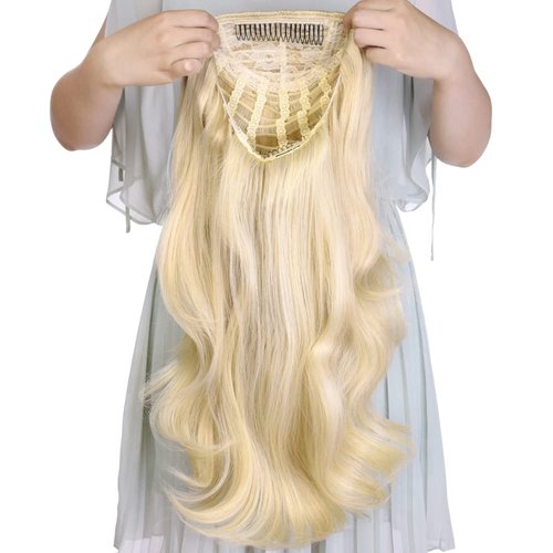 24 Inch Blond Wavy 3/4 Half Wig Long lightest Synthetic Hair Extensions Capless Wigs Hair Clips Extension For Women 210g（24“ #4）